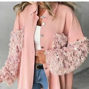 ChicMe Women's Sequin Patchwork Denim Jacket - Oversized Shacket with Raw Hem,